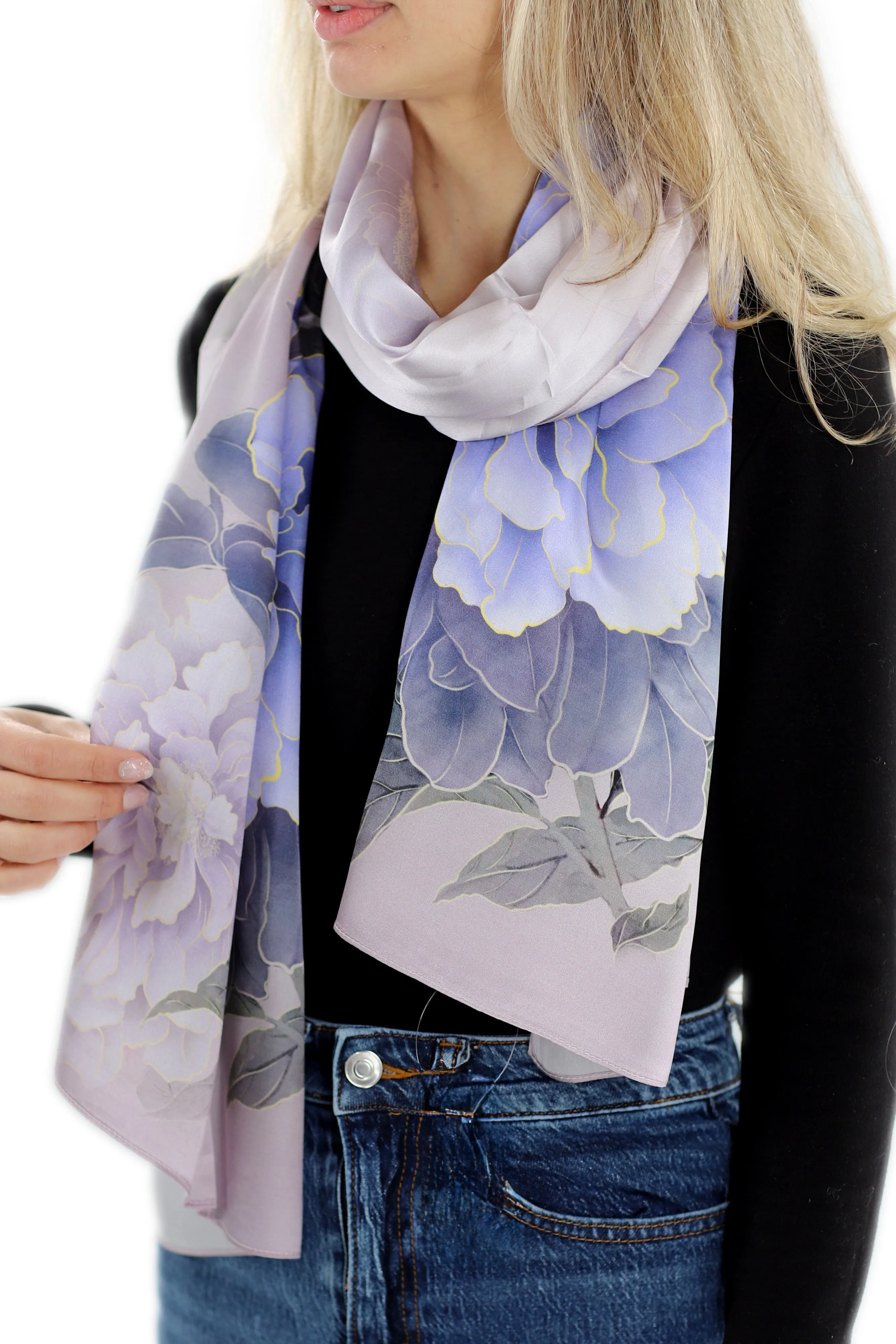 100% Silk Floral Print Scarf - Purple - (One Size 68x21.2in)