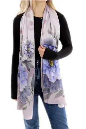 100% Silk Floral Print Scarf - Purple - (One Size 68x21.2in)