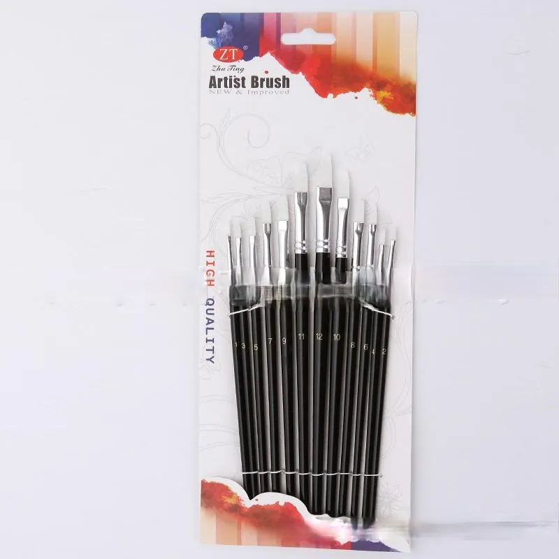 12 Black Stick White Nylon Hair Art Brushes