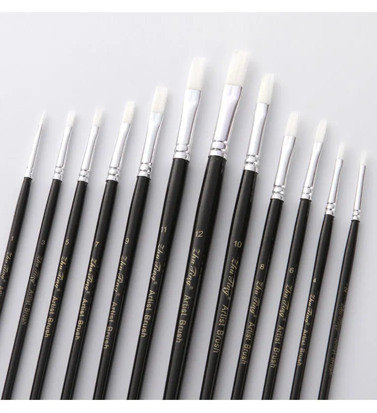 12 Black Stick White Nylon Hair Art Brushes