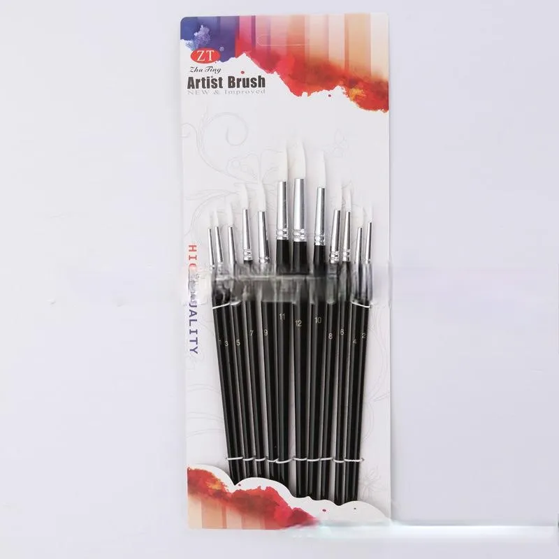 12 Black Stick White Nylon Hair Art Brushes