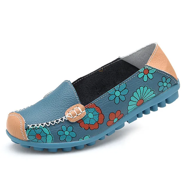 2018 Cow Muscle Ballet Summer Flower Print Women Genuine Leather Shoes Woman  Flat Flexible Nurse  Peas Loafer Flats Appliques