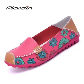 2018 Cow Muscle Ballet Summer Flower Print Women Genuine Leather Shoes Woman  Flat Flexible Nurse  Peas Loafer Flats Appliques