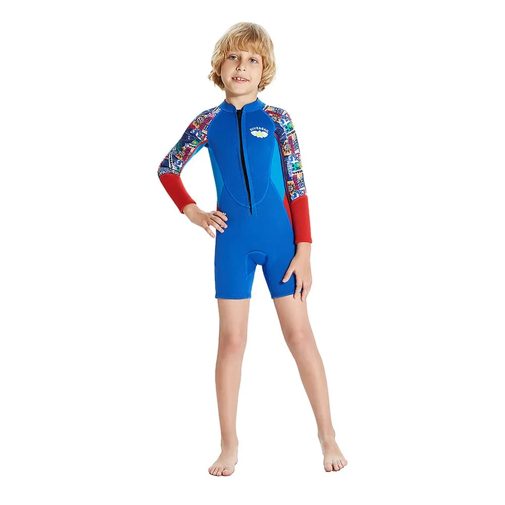 2.5mm Neoprene Knee Length Kids Swimsuit, Blue & Bright Red Travel Theme, Full Sleeves swimwear