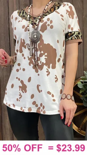 3X : Cow print top with sequin leopard trim