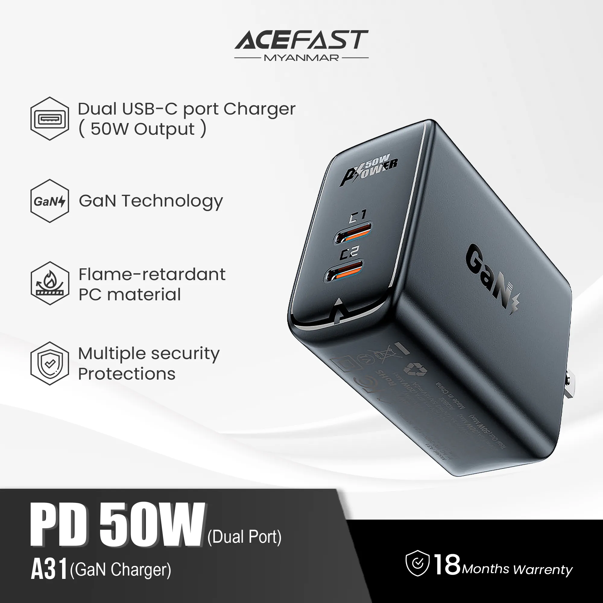 ACEFAST A31 PD 50W GAN (USB-C USB-C) DUAL PORT CHARGER - WHITE