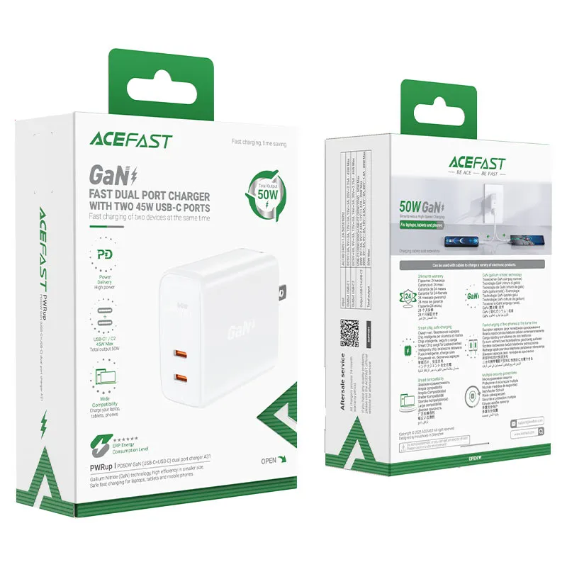 ACEFAST A31 PD 50W GAN (USB-C USB-C) DUAL PORT CHARGER - WHITE