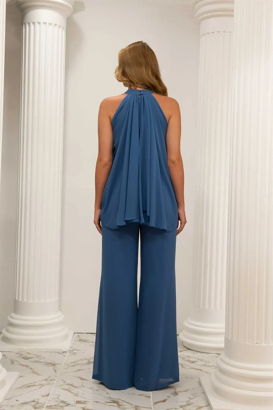 Angelino indigo chiffon neck tied jumpsuit