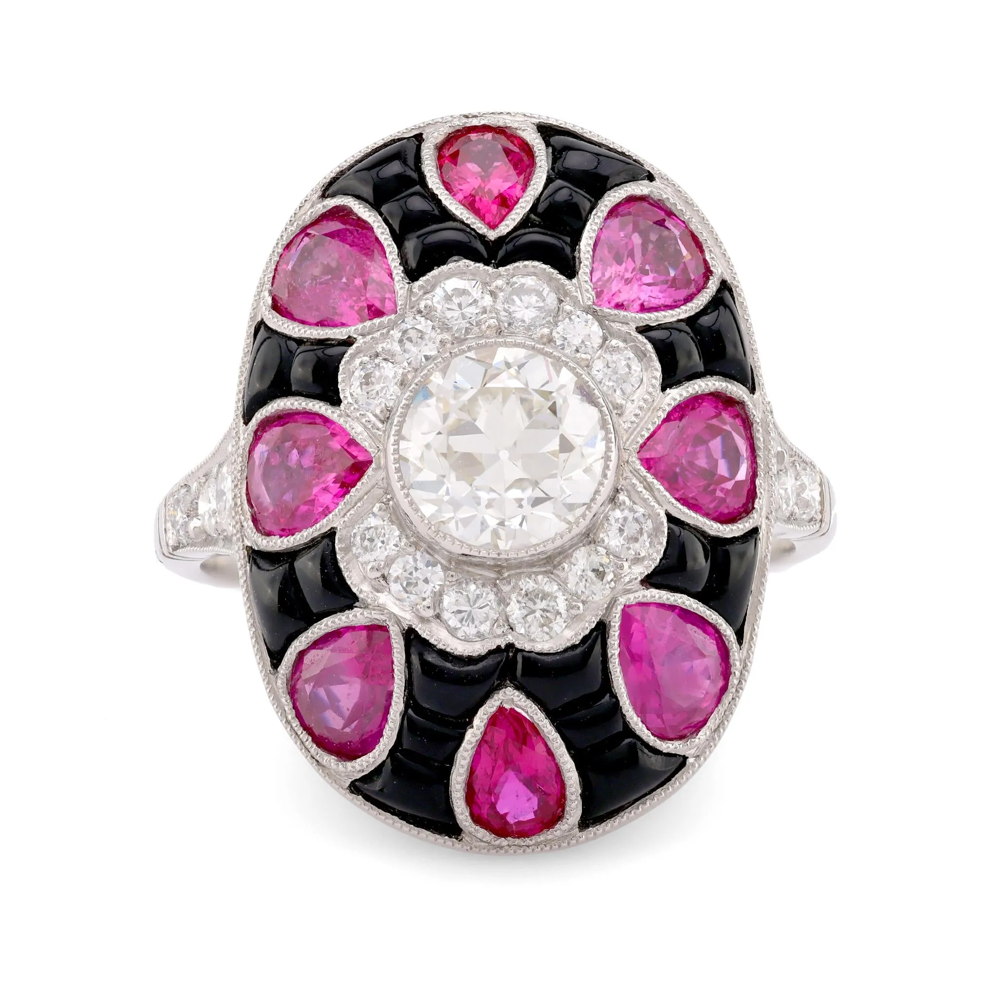 Art Deco Style Diamond Ruby Onyx Platinum Ring