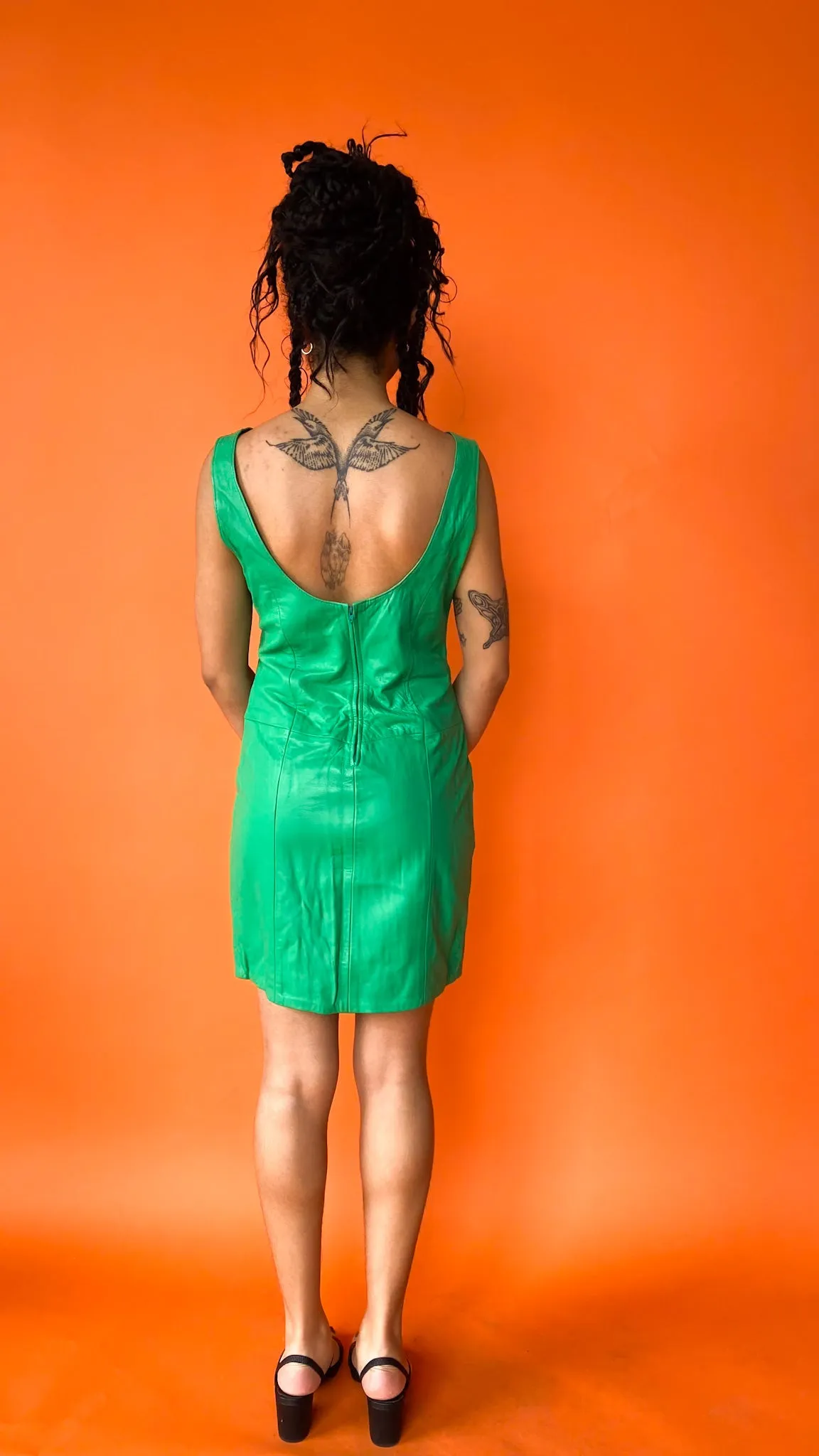 As-is 1990s Sleeveless Green Leather Dress sz. M