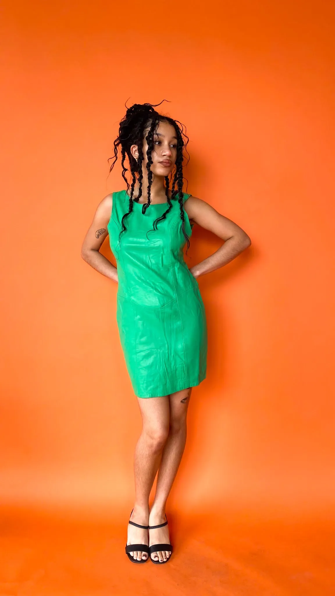 As-is 1990s Sleeveless Green Leather Dress sz. M