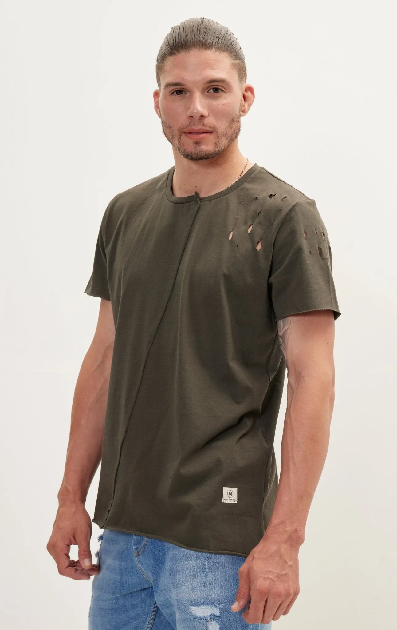 Asymmetric Stitched Distorted T-Shirt - Khaki