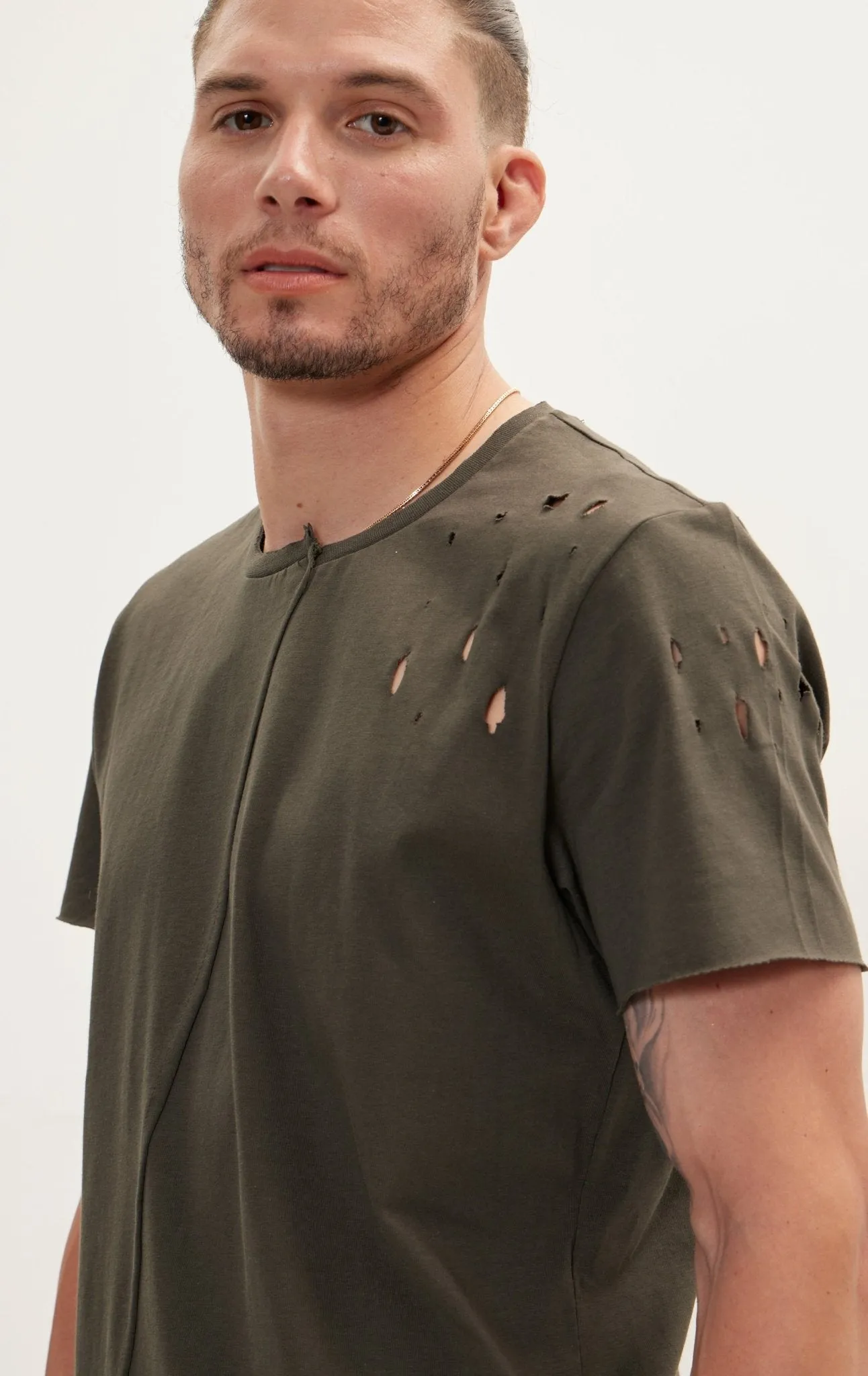 Asymmetric Stitched Distorted T-Shirt - Khaki