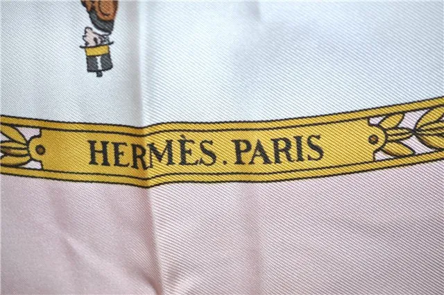 Auth HERMES Carre 90 Scarf "A PROMENADE DE LONGCHAMPS " Silk Light Pink G9350