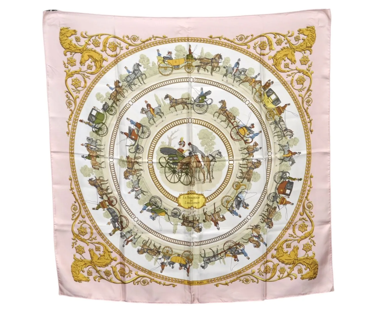 Auth HERMES Carre 90 Scarf "A PROMENADE DE LONGCHAMPS " Silk Light Pink G9350