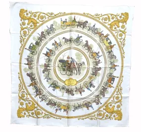 Auth HERMES Carre 90 Scarf "LA PROMENADE DE LONGCHAMPS" Silk White Box J7907