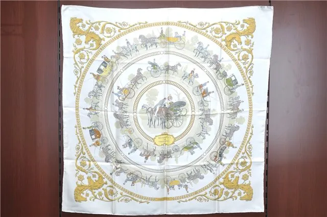 Auth HERMES Carre 90 Scarf "LA PROMENADE DE LONGCHAMPS" Silk White Box J7907