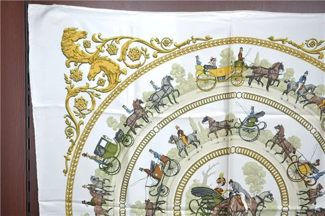 Auth HERMES Carre 90 Scarf "LA PROMENADE DE LONGCHAMPS" Silk White Box J7907