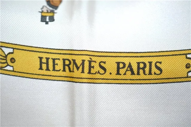 Auth HERMES Carre 90 Scarf "LA PROMENADE DE LONGCHAMPS" Silk White Box J7907