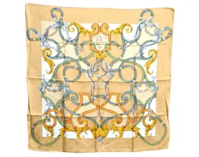 Auth HERMES Carre 90 Scarf "Par Mefsire ANTOINE DE PLVVINEL" Silk Beige H1495