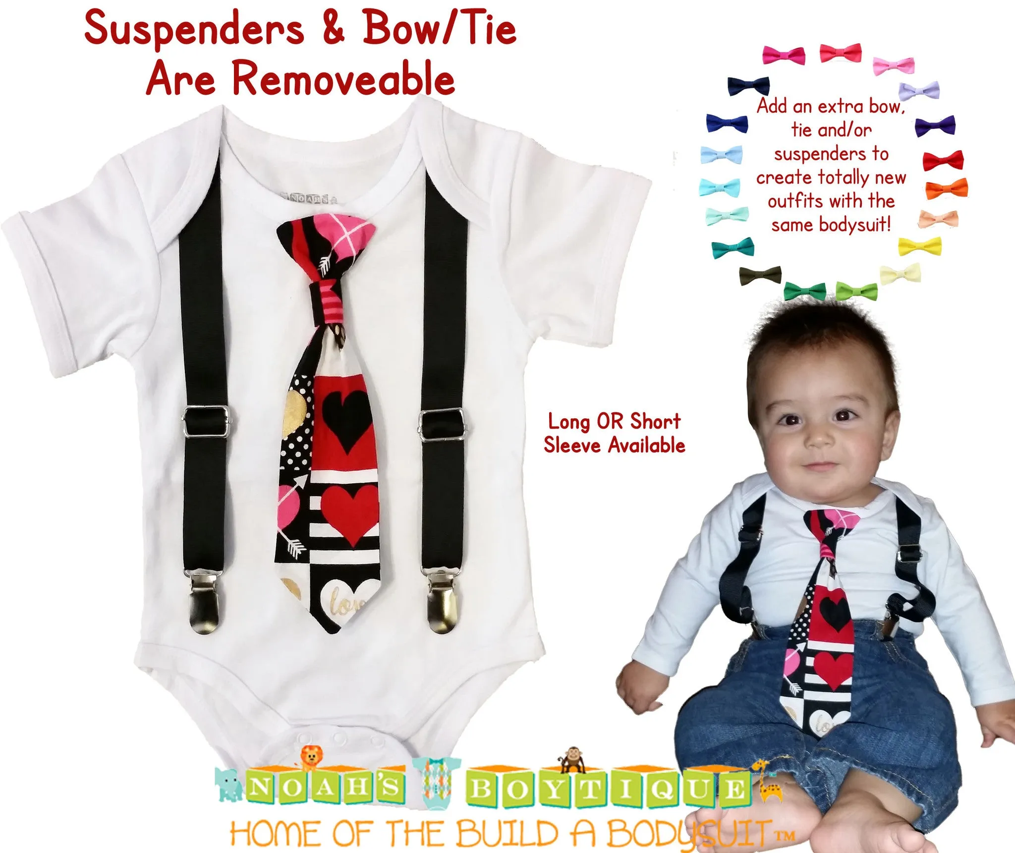 Baby Boy Valentine's Day Outfit Heart Print Tie and Suspenders