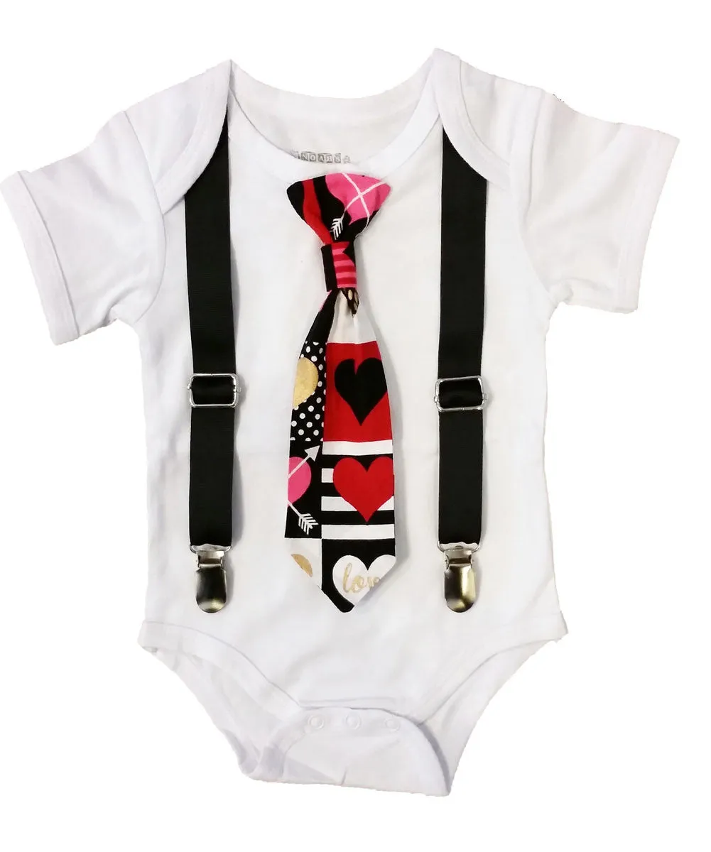 Baby Boy Valentine's Day Outfit Heart Print Tie and Suspenders