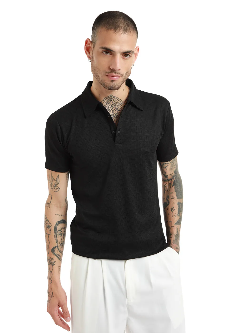 Basket Weave Black Polo T-shirt