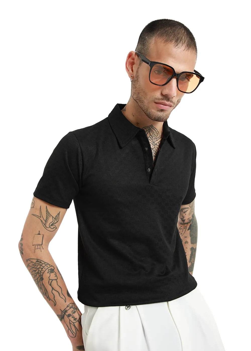 Basket Weave Black Polo T-shirt