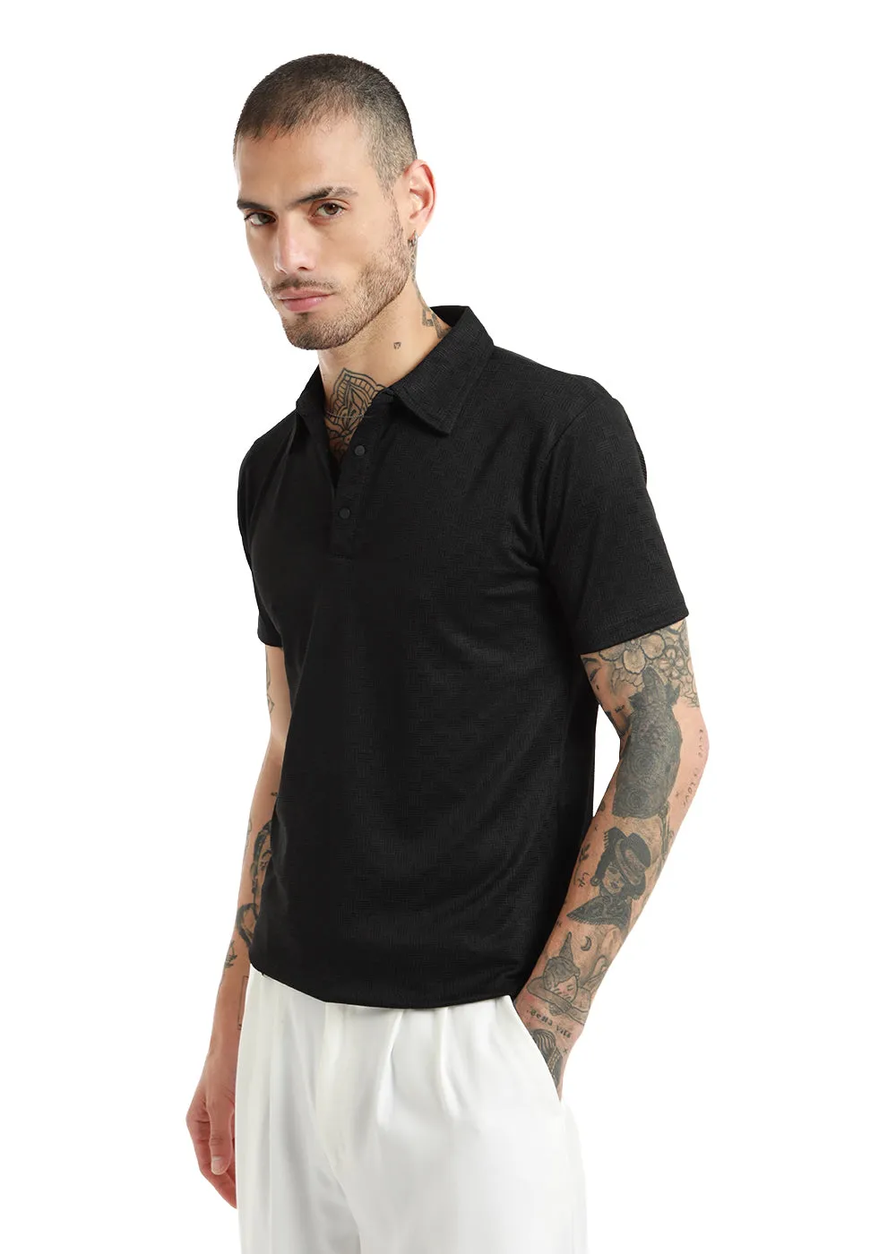 Basket Weave Black Polo T-shirt