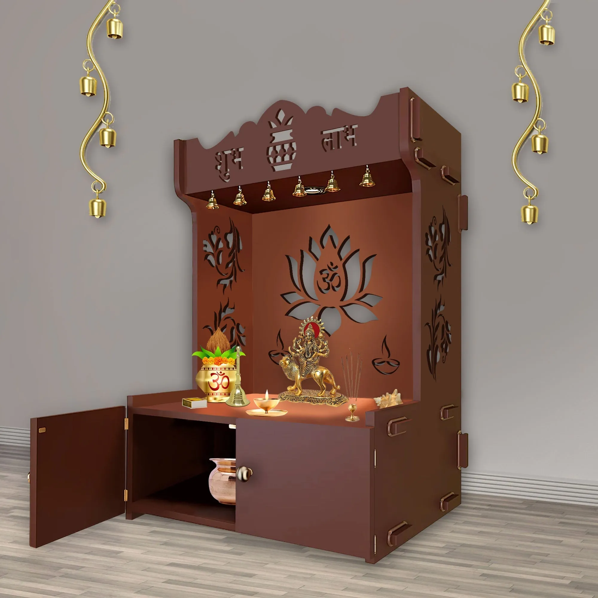 Beautiful Lotus Pattern Floor Temple with Spacious Wooden Shelf & Inbuilt Focus Light- Brown Finish