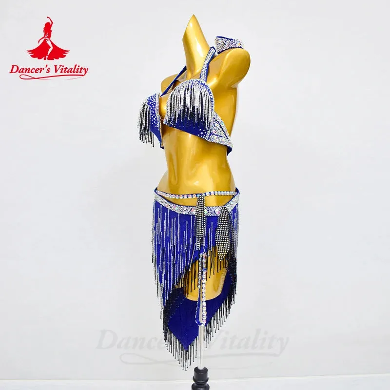 BellyDance Set Women's Customized Senior AB Stones Bra Sexy Tassel Skirt 2pcs Belly Dance Professional Performance Clothing