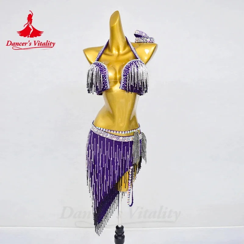 BellyDance Set Women's Customized Senior AB Stones Bra Sexy Tassel Skirt 2pcs Belly Dance Professional Performance Clothing