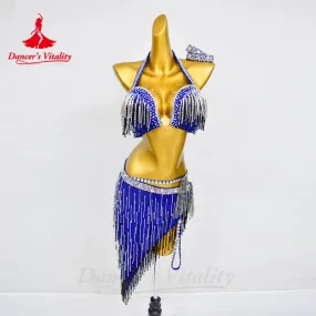 BellyDance Set Women's Customized Senior AB Stones Bra Sexy Tassel Skirt 2pcs Belly Dance Professional Performance Clothing