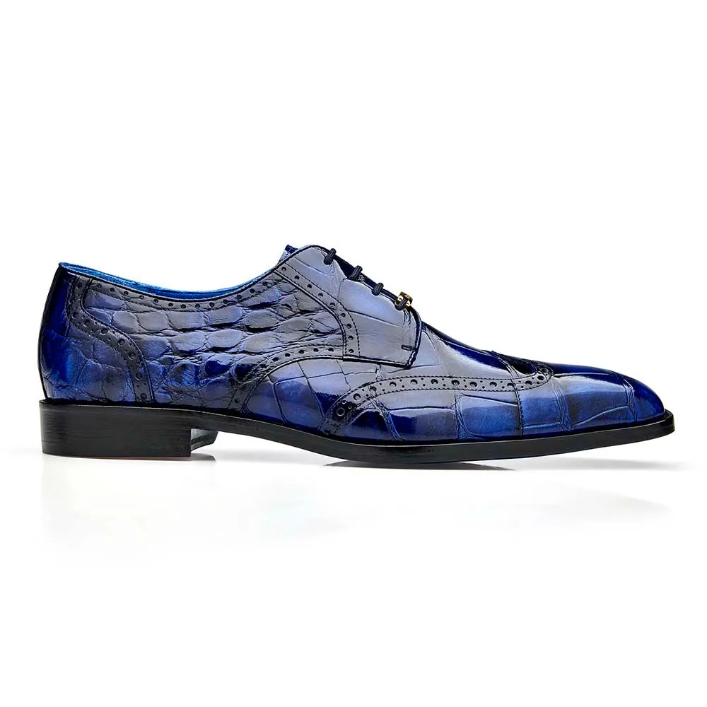 Belvedere Santo Men's Derby Oxford Antique Blue Allure Alligator Wingtip Shoes