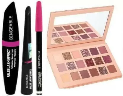 Bingeable 3in1 Beauty Eyeliner, Mascara, Eyebrow Pencil & Nude Edition Eye Shadow Palette 18 (Multi color)