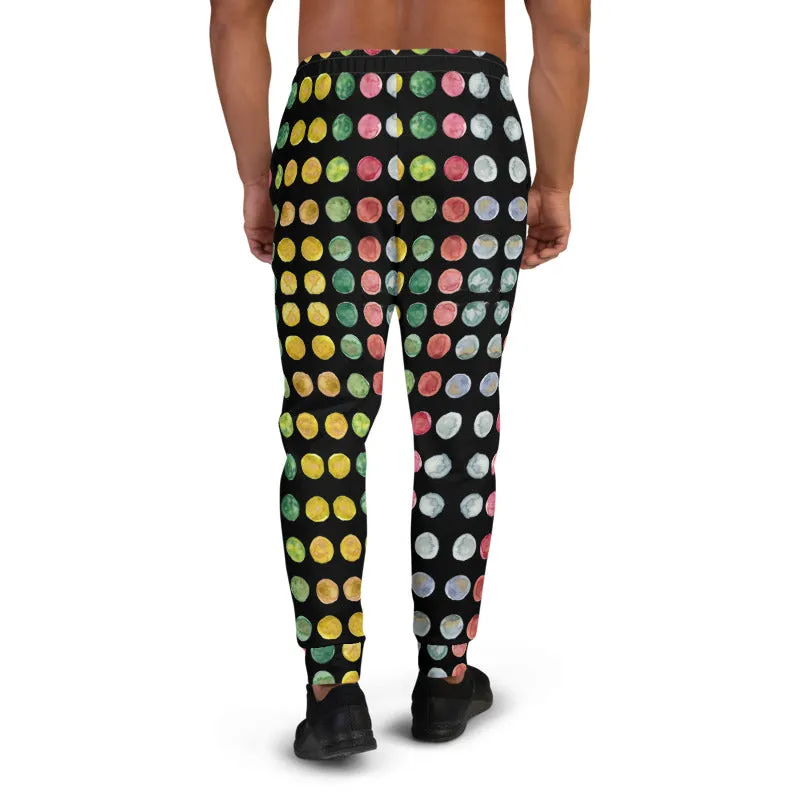 Black Polka Dots Men's Joggers, Watercolor Dotted Print Sweatpants For Men-Made in EU/MX