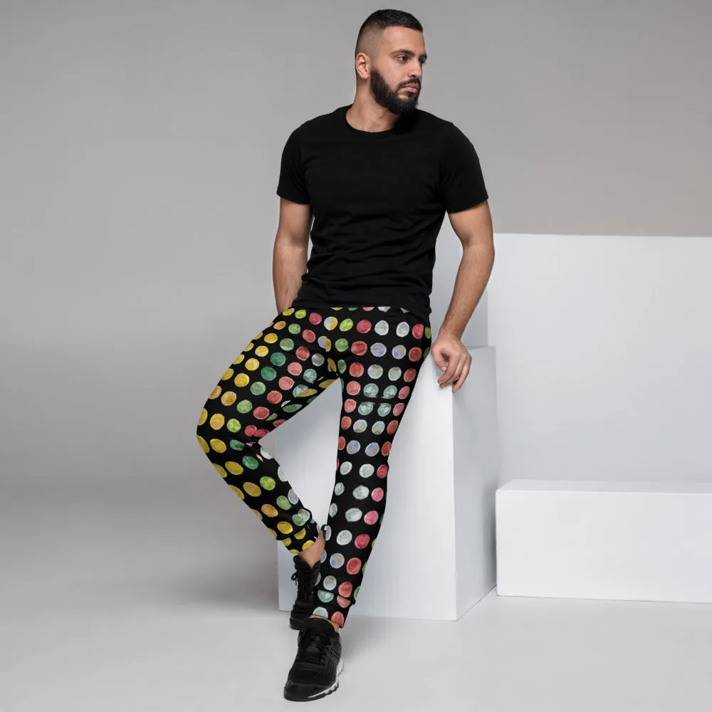 Black Polka Dots Men's Joggers, Watercolor Dotted Print Sweatpants For Men-Made in EU/MX