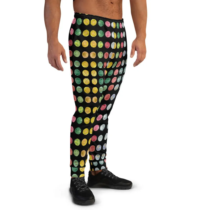 Black Polka Dots Men's Joggers, Watercolor Dotted Print Sweatpants For Men-Made in EU/MX