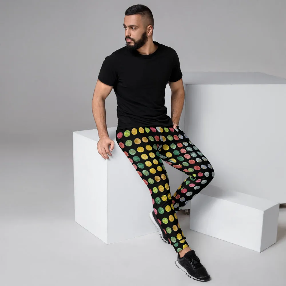 Black Polka Dots Men's Joggers, Watercolor Dotted Print Sweatpants For Men-Made in EU/MX