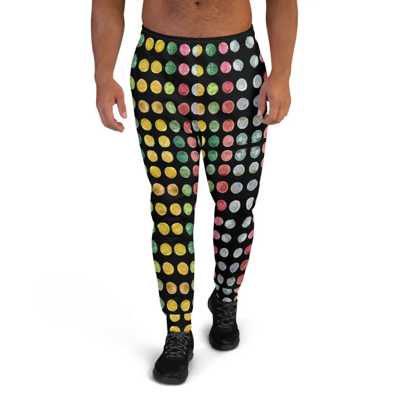 Black Polka Dots Men's Joggers, Watercolor Dotted Print Sweatpants For Men-Made in EU/MX