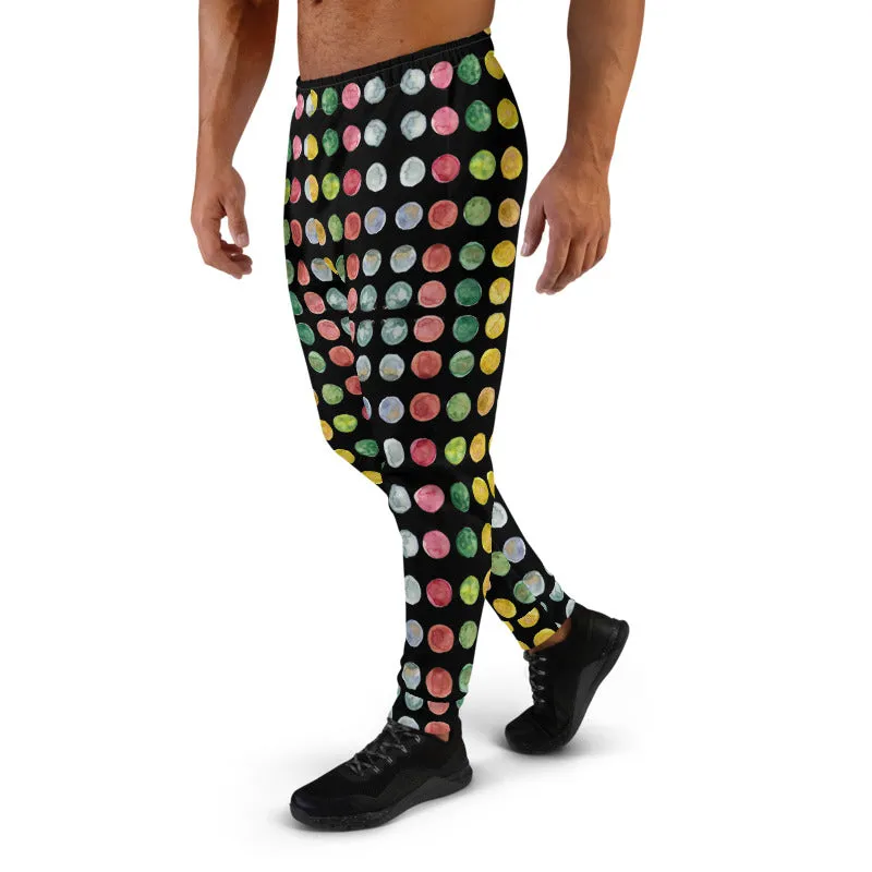 Black Polka Dots Men's Joggers, Watercolor Dotted Print Sweatpants For Men-Made in EU/MX