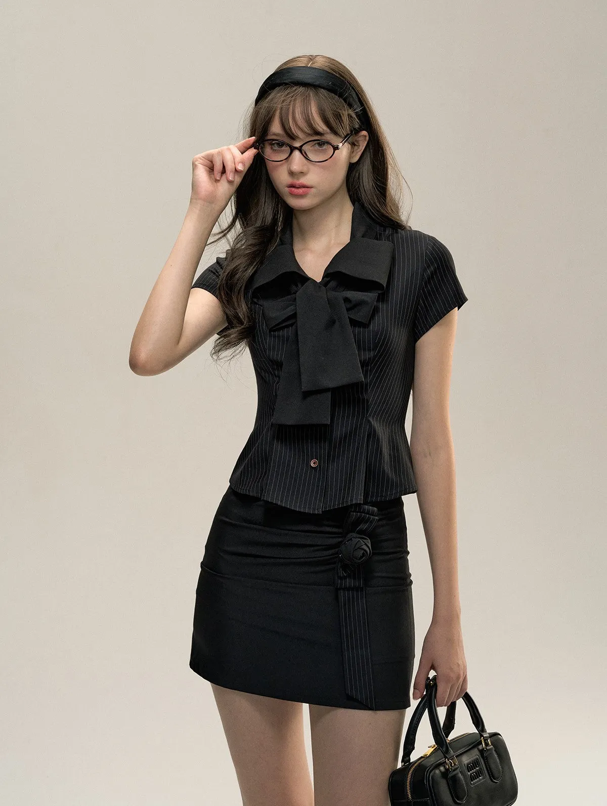 Black Stripe College Bow Tie Short Sleeve Shirt SUN0078