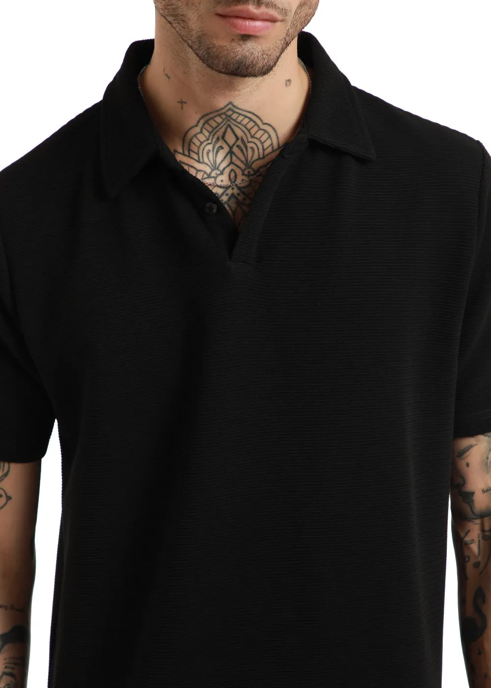 Black Textured Polo T-shirt