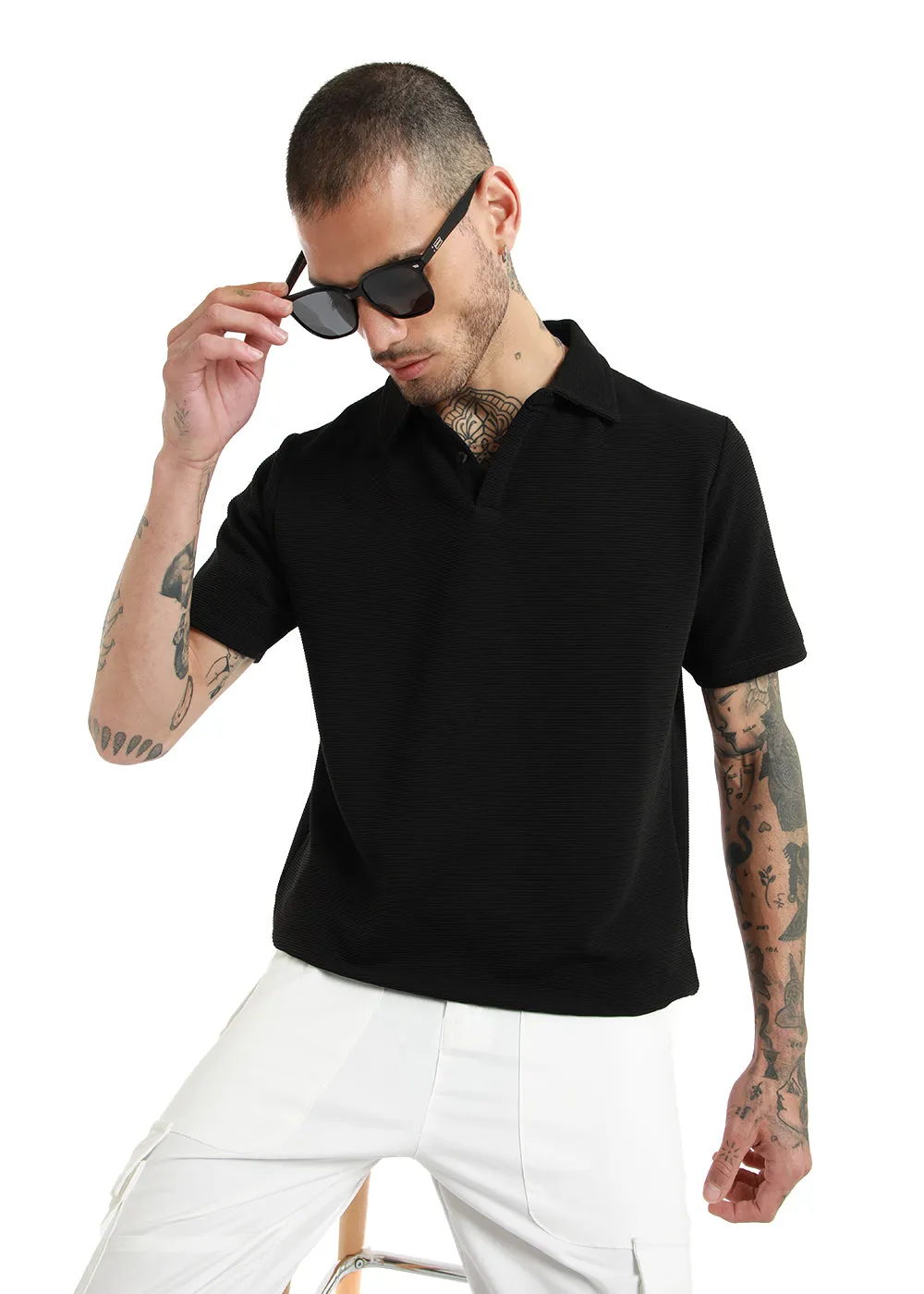 Black Textured Polo T-shirt