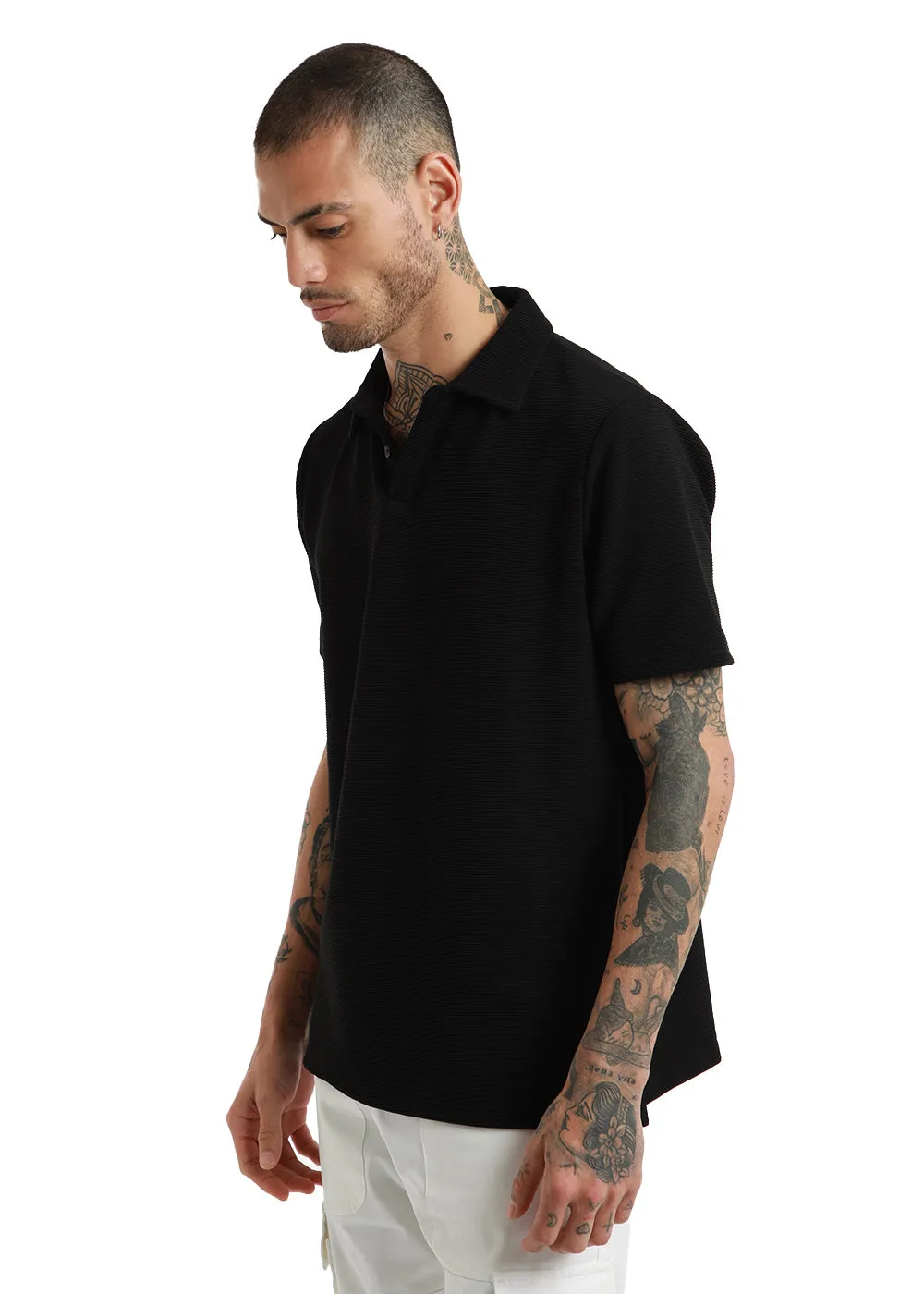 Black Textured Polo T-shirt