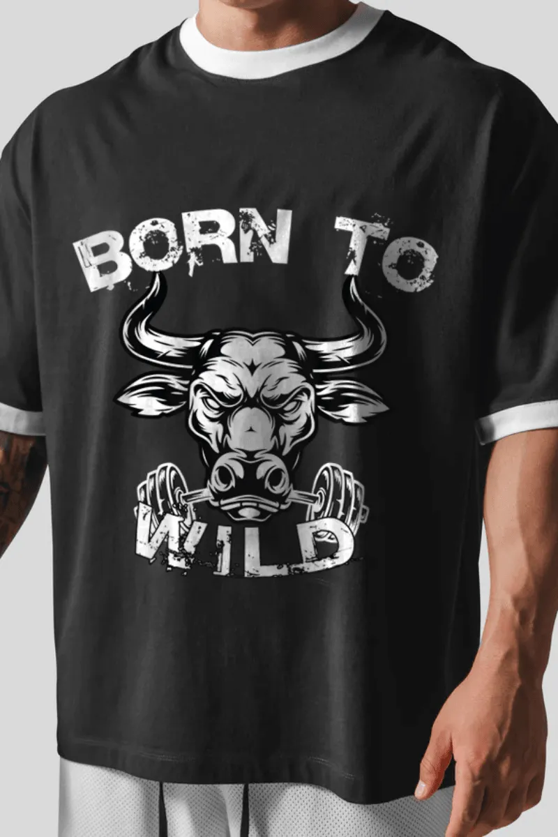 Born To Wild Oversized White Rib Collar T-shirt (Black)