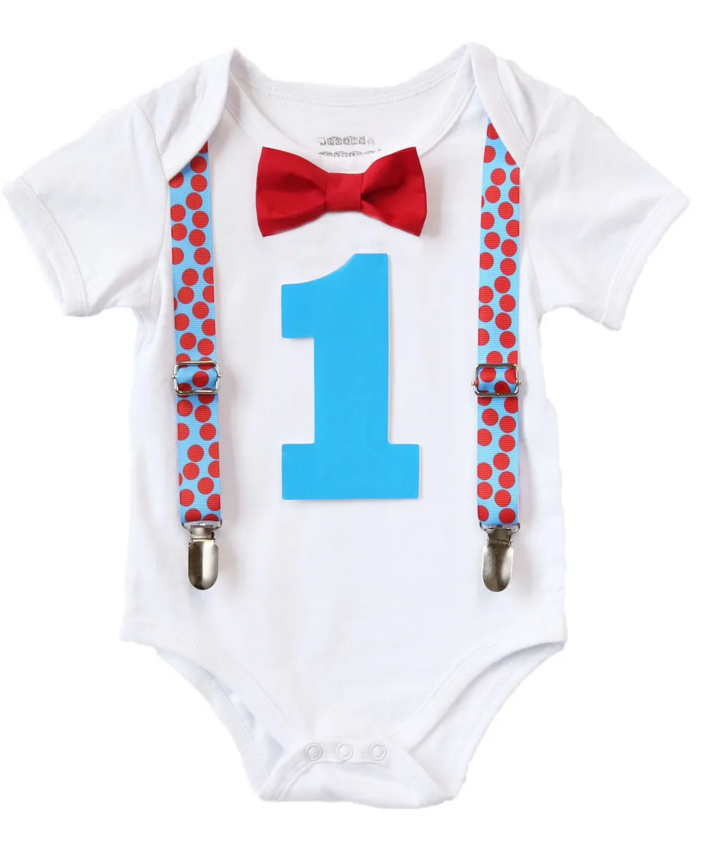 Boys First Birthday Outfit - Turquoise and Red - Blue and Red - First Birthday Shirt - Suspenders Bow Tie - 1st Birthday - Birthday Clothes