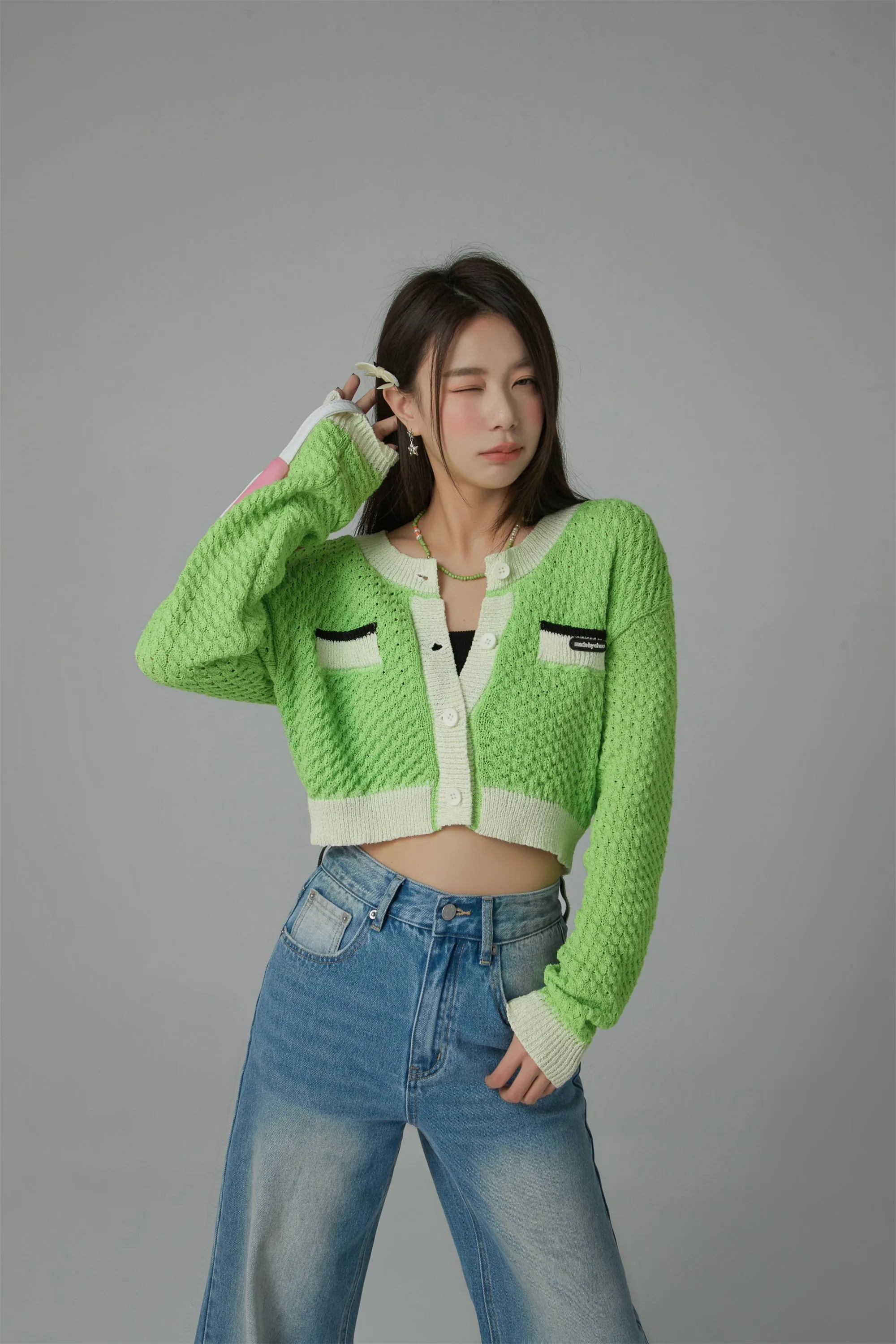 Button Color Crop Cardigan