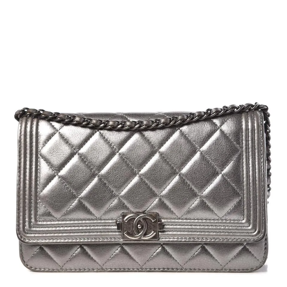 Chanel Boy Wallet on Chain Metallic Calfskin Quilted Woc Silver Leather Shoulder Bag