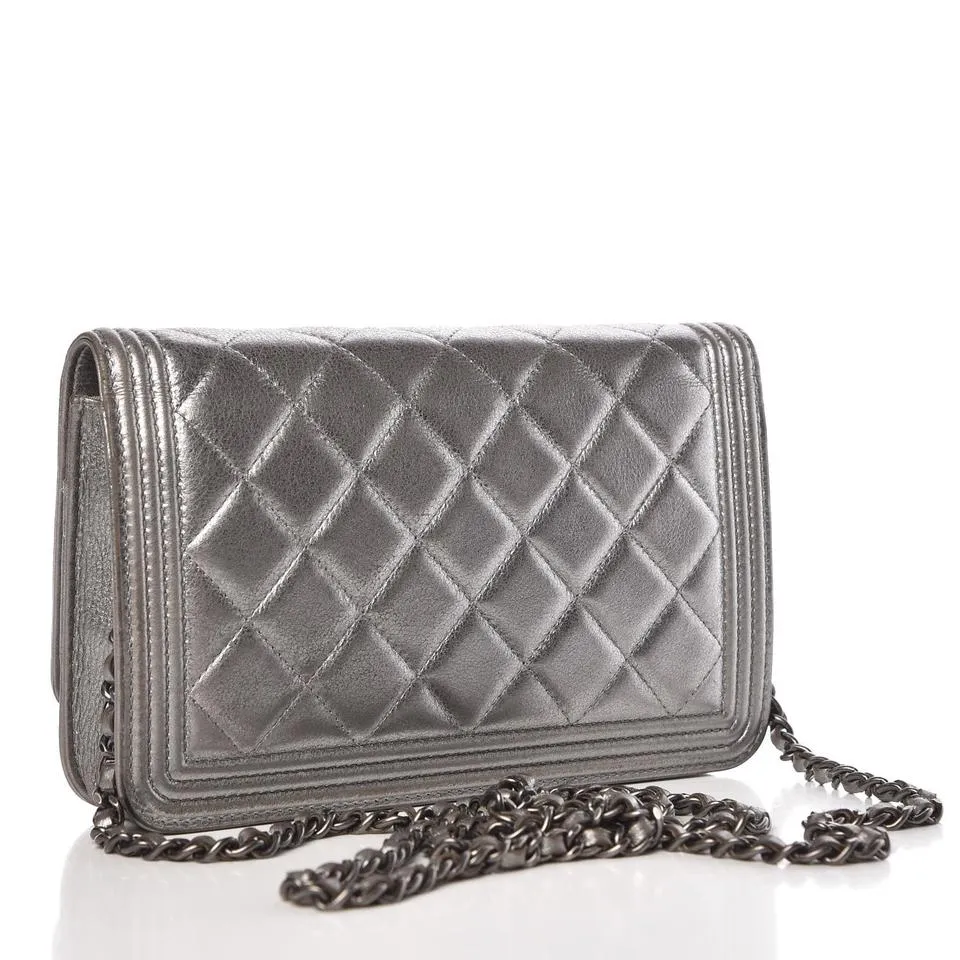 Chanel Boy Wallet on Chain Metallic Calfskin Quilted Woc Silver Leather Shoulder Bag